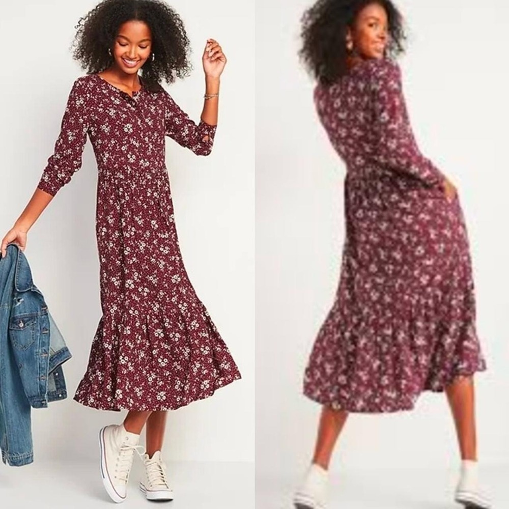 Old Navy Prairie Burgundy Floral Maxi Swing Fall Dress Pockets🌾